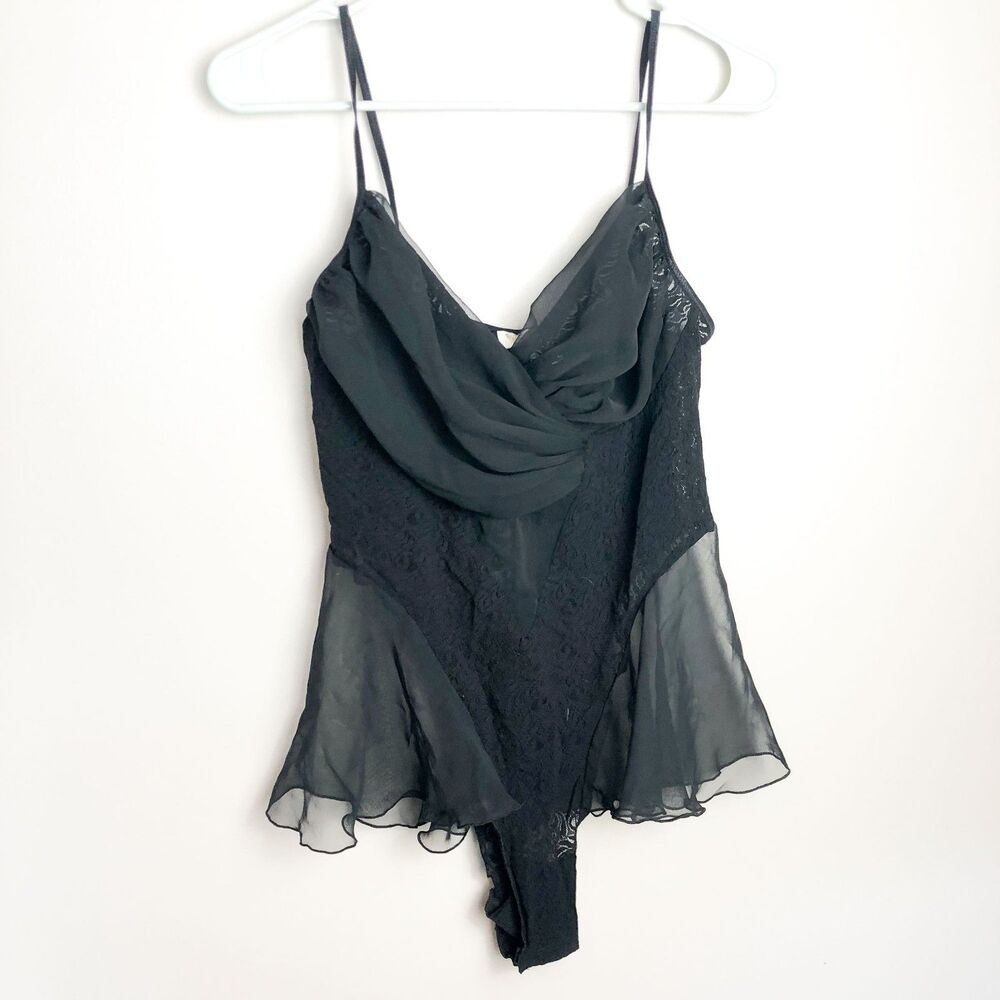 Vintage Victoria's Secret Faux Wrap Black Lingerie V Neck Bodysuit Large